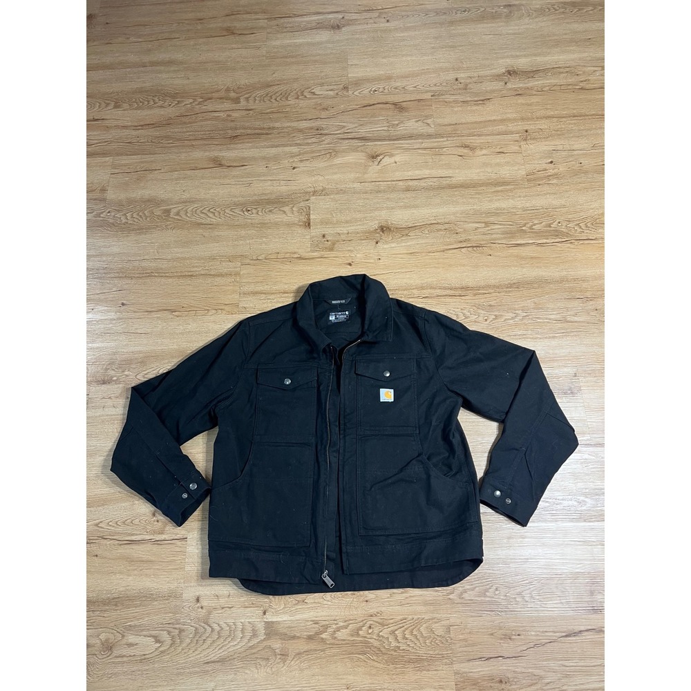 Carhartt Rugged Flex Jacket Men's L Black Canvas Fleece Lined Work Shirt Jac